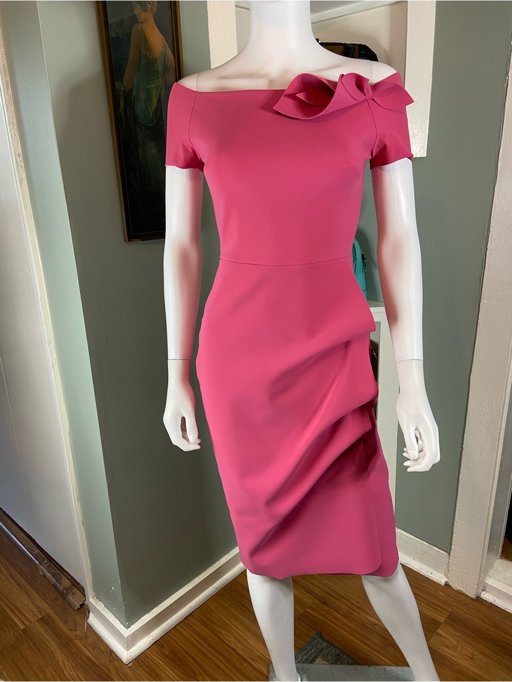 Chiara Boni Pink Off-Shoulder Midi Dress Bodycon Sheath Bow Drape Structure [TE]